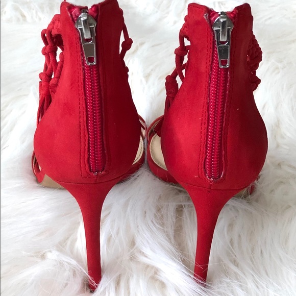 Steve Madden Red Tassel Ankle Stiletto Sandal SZ 8 - Picture 3 of 5